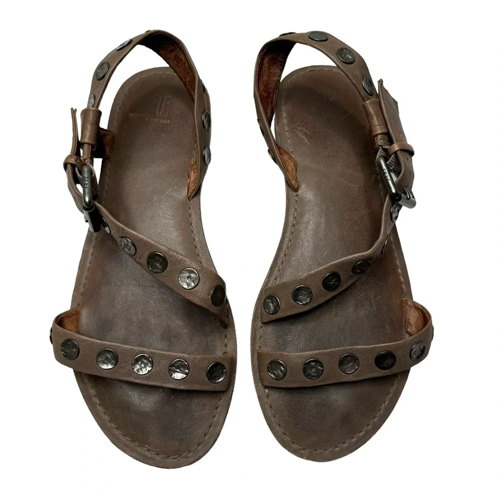 Frye | Morgan Hammered Stud Flat Sandals in Grey Leather 8.5